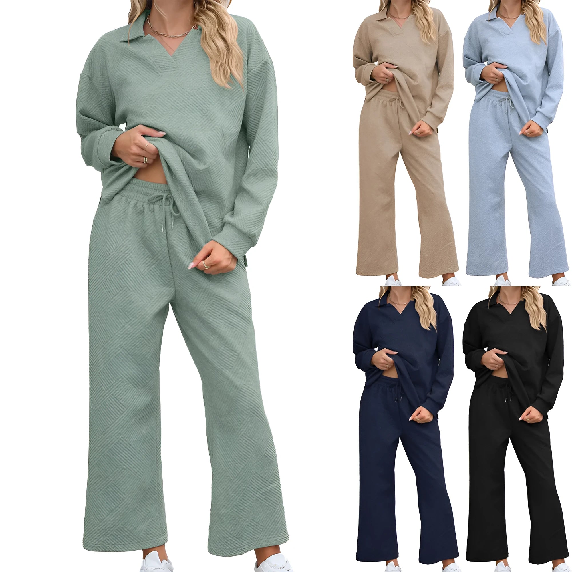 Women's solid colour lapel sweater and elastic waist trousers suit set in knitted jacquard geometric pattern