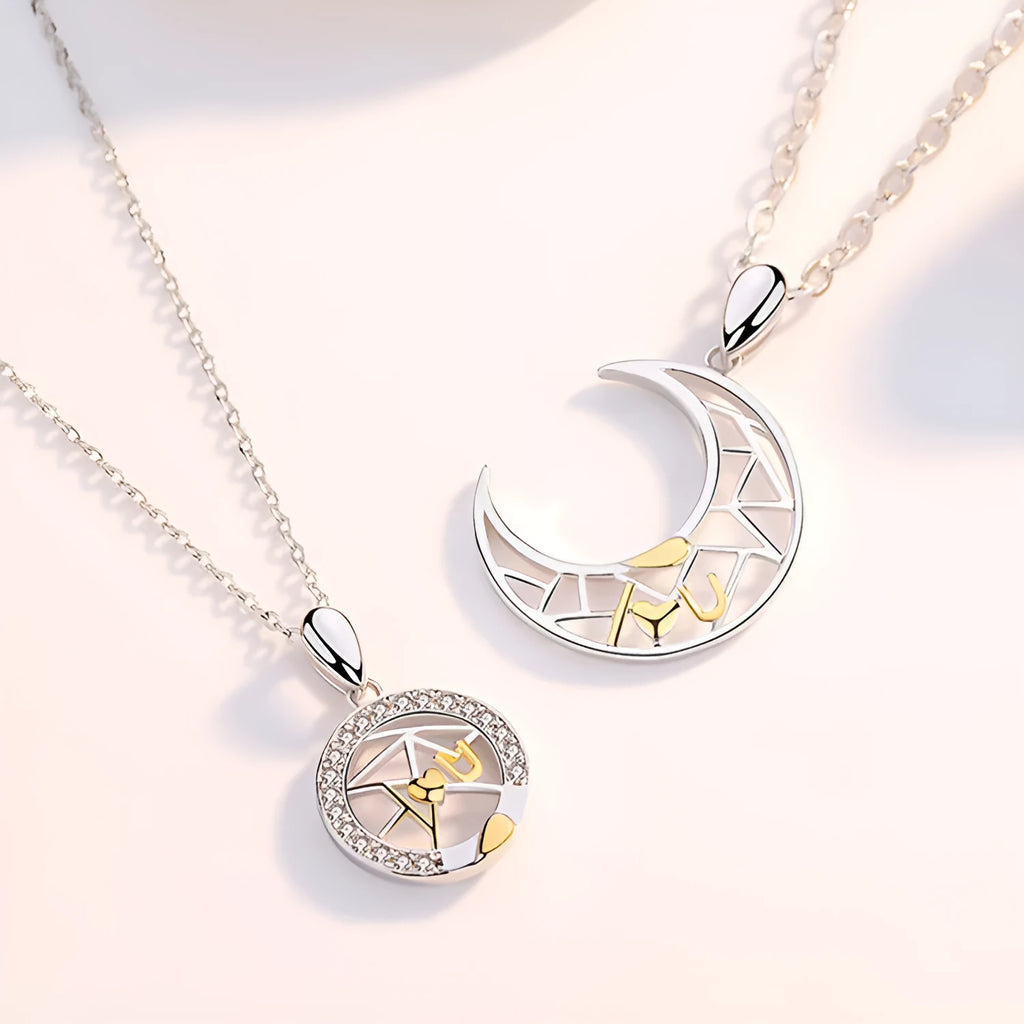 Sun and moon couple necklace set with copper pendants on cross chain