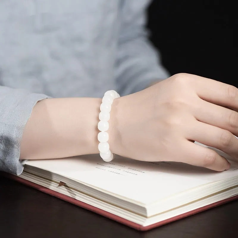 White jade barrel beads bracelet with polished Hetian jade stones in three size options