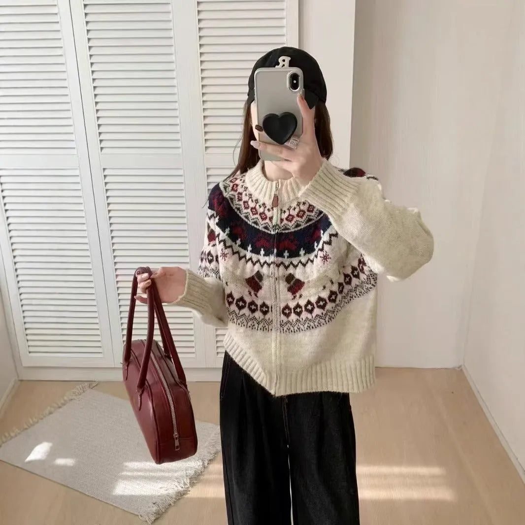 Ethnic style heavy industry jacquard pullover sweater with 3D pattern in apricot colour showing round neck and long sleeves