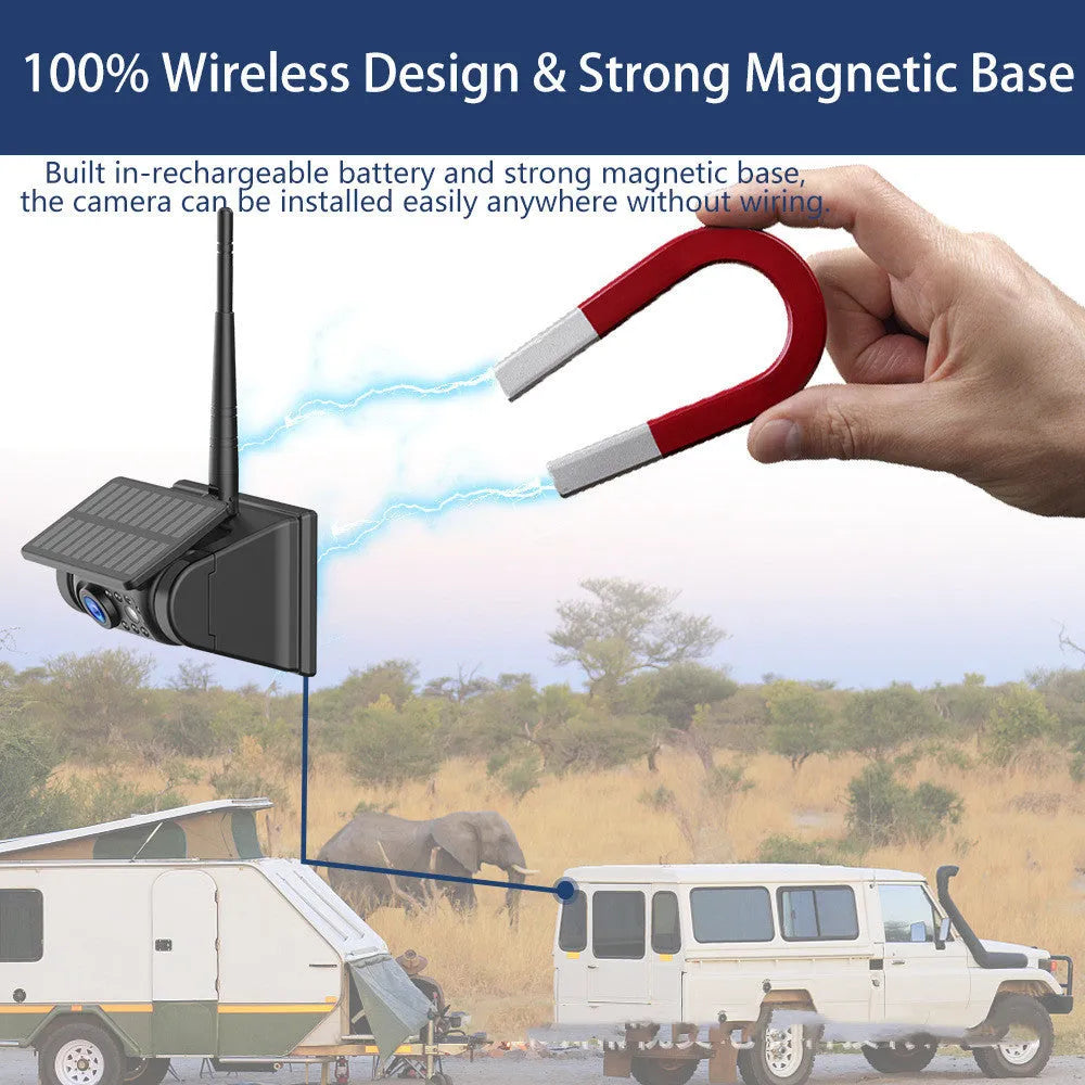 Solar wireless charging reversing camera with magnet suction mount and aluminium alloy shell