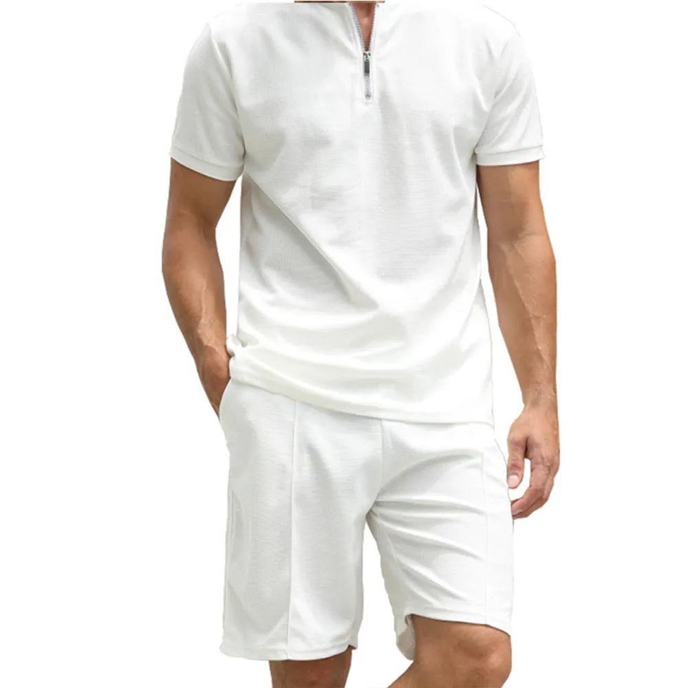 Men's solid colour polo shirt suit two-piece set with short sleeves in beaded bird's eye fabric