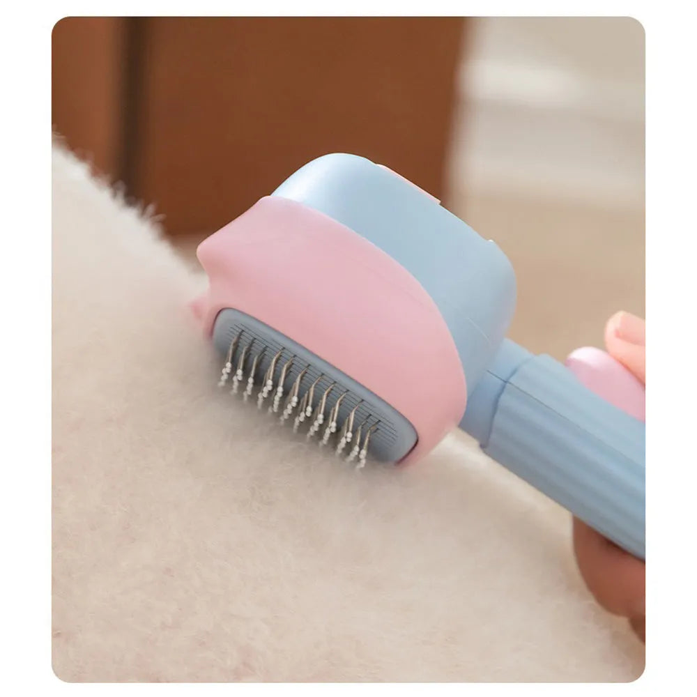 Blue double-sided pet grooming brush with deshedding rake and dematting comb on a white background.