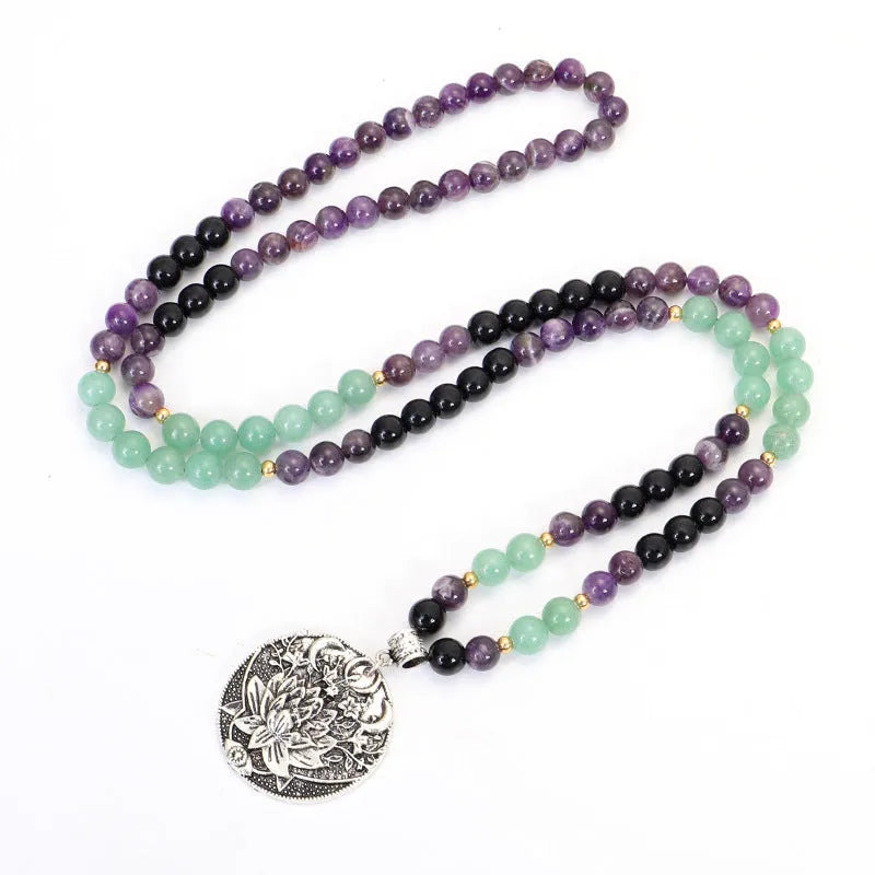 Yoga lotus pendant necklace with adjustable chain and matching bracelet set