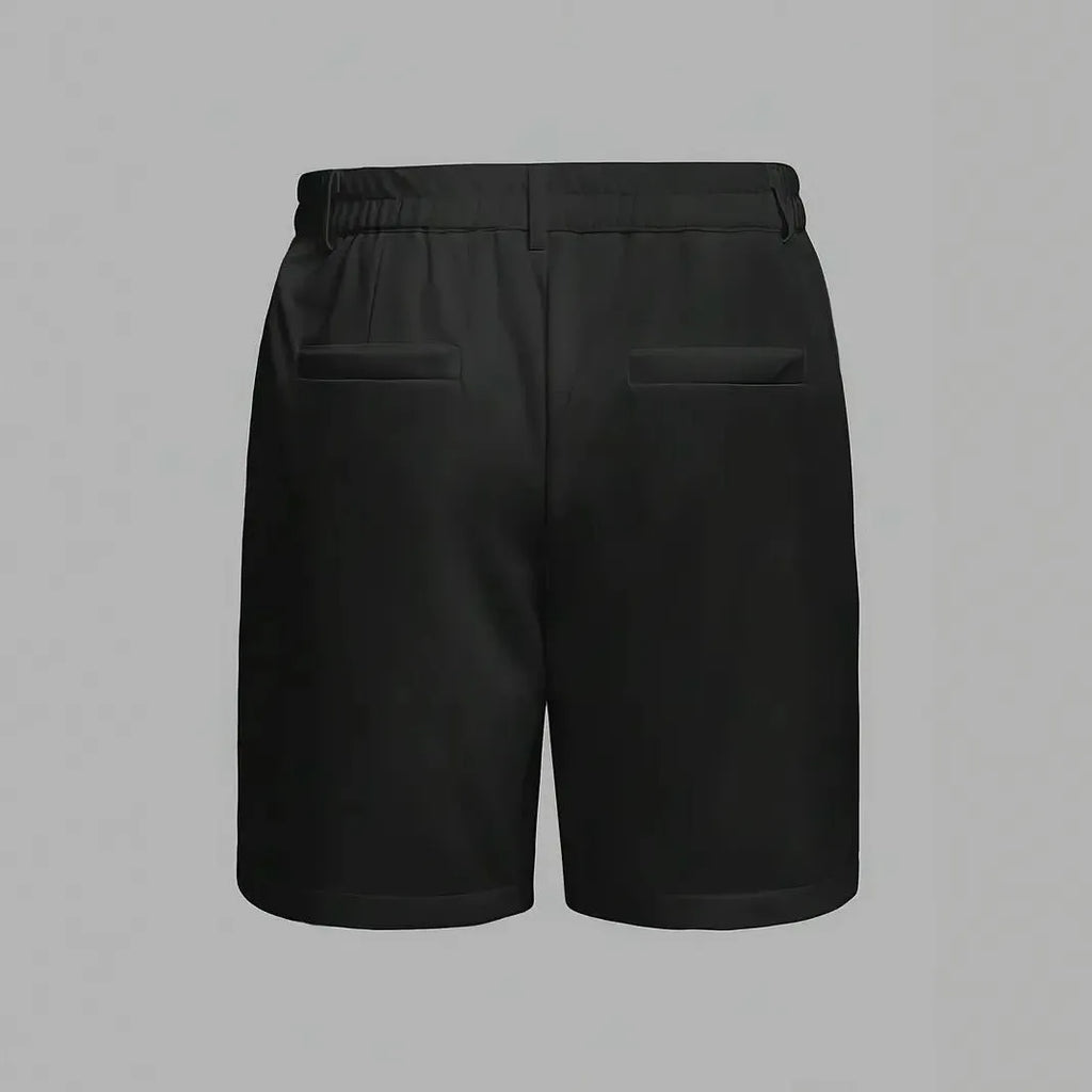 Men's straight-leg cotton blend casual shorts in grey on a hanger.