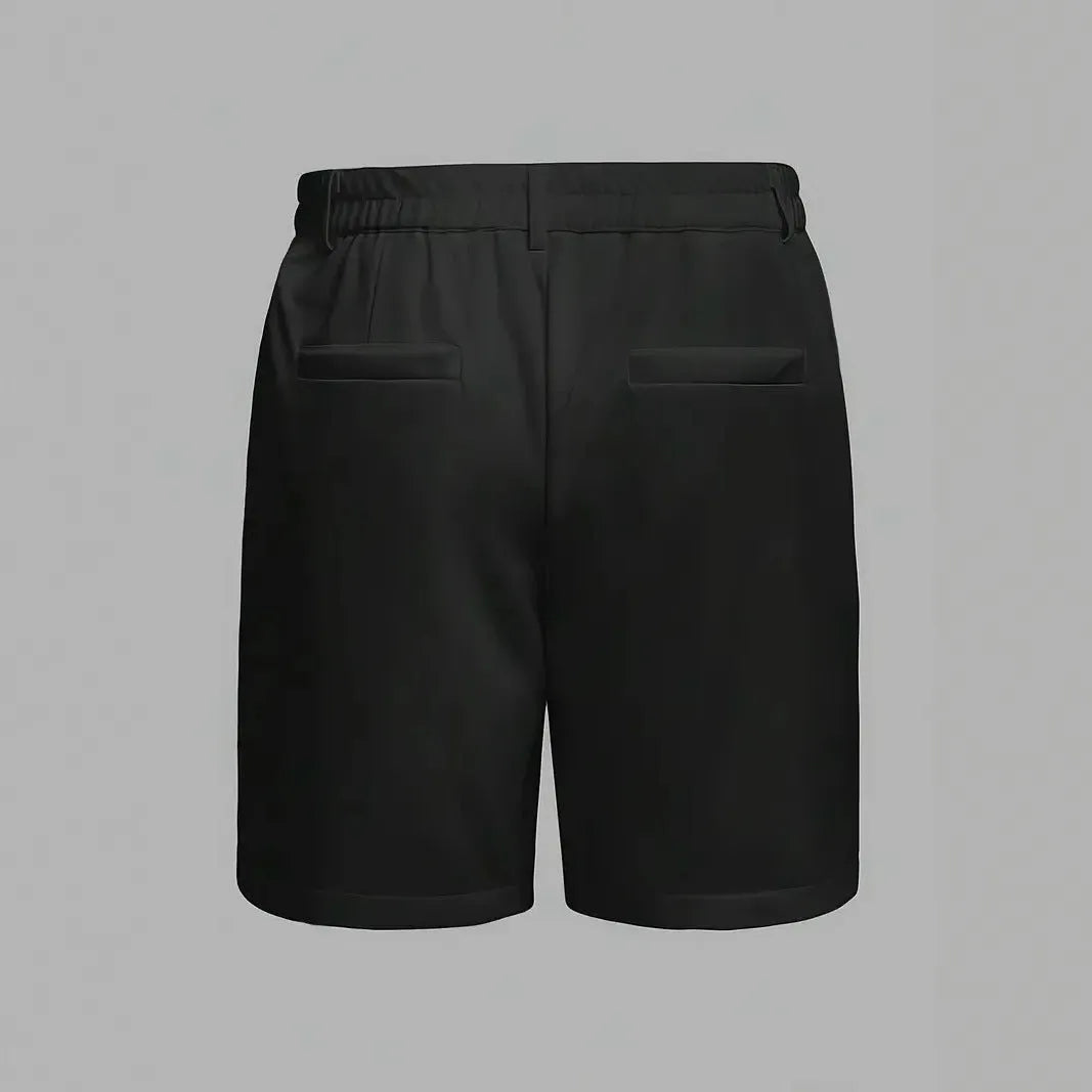 Men's straight-leg cotton blend casual shorts in grey on a hanger.