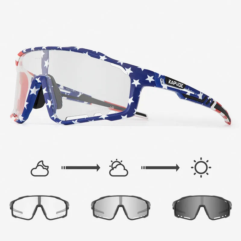 Photochromic sports goggles with a semi-rimless TR90 frame for cycling and outdoor use.