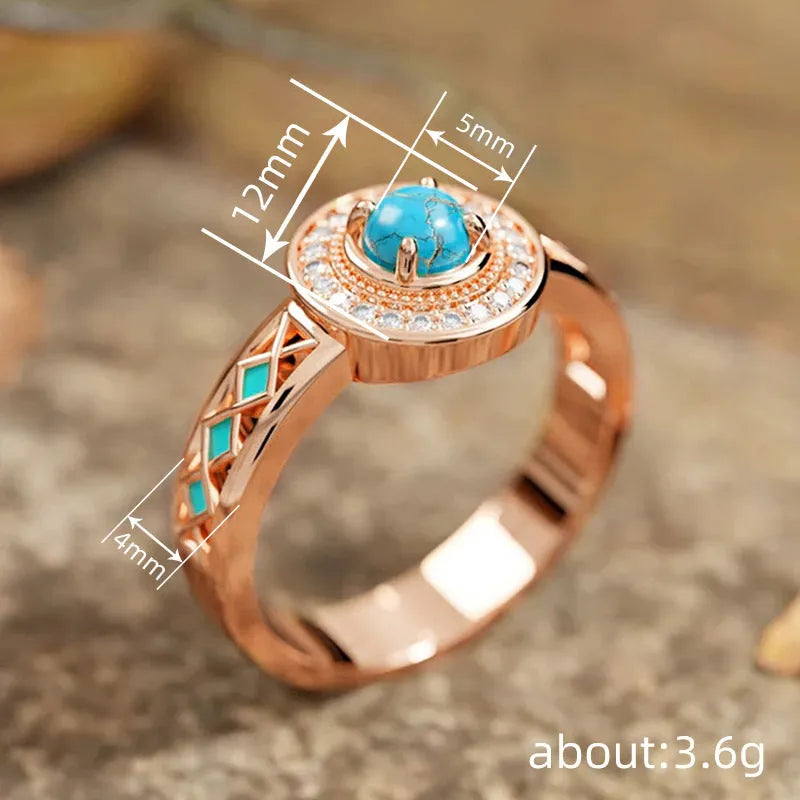 Women's turquoise ethnic style copper ring with micro-inlaid zircon stones in rose gold colour
