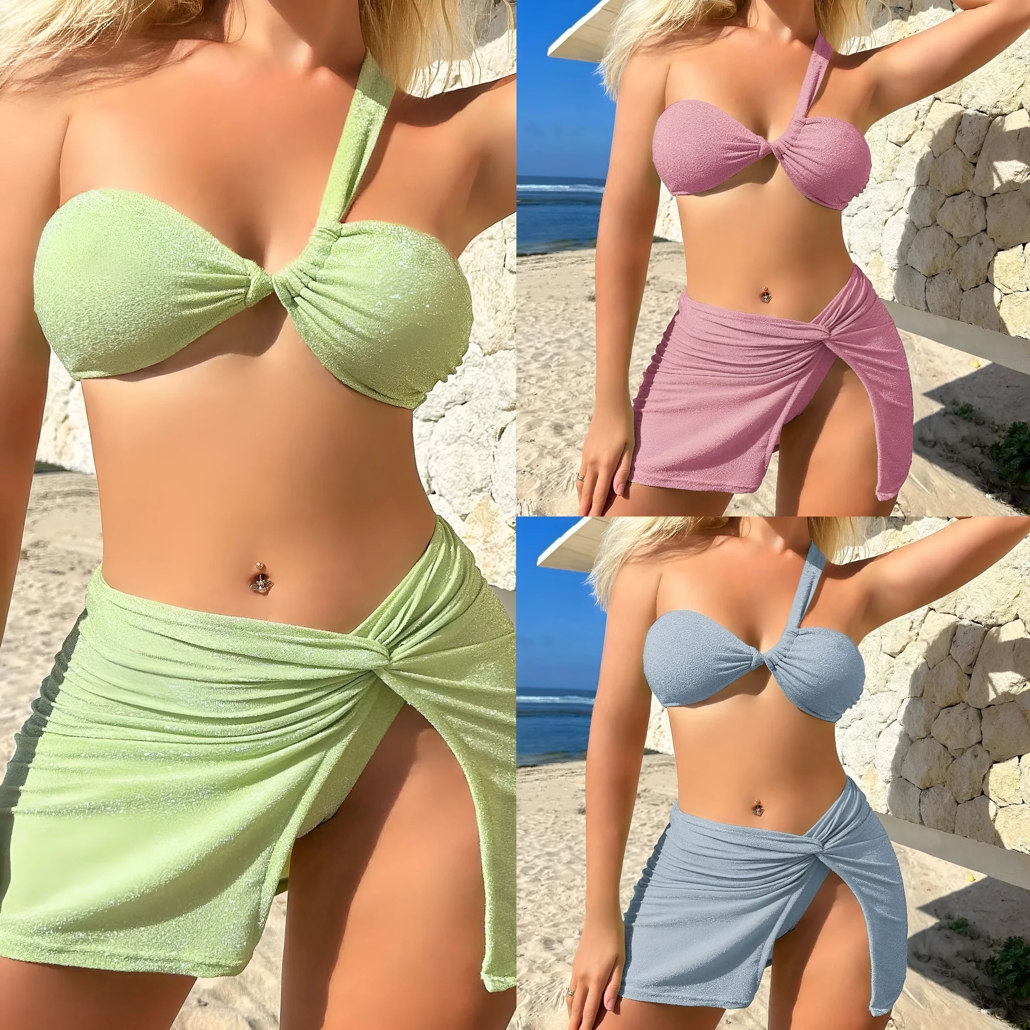 Light green one-shoulder tube top three-piece swimsuit set with high-waisted bottom and skirt.