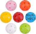 Six different coloured golf practice balls showing red, orange, blue, green, white and yellow variations with net bag packaging