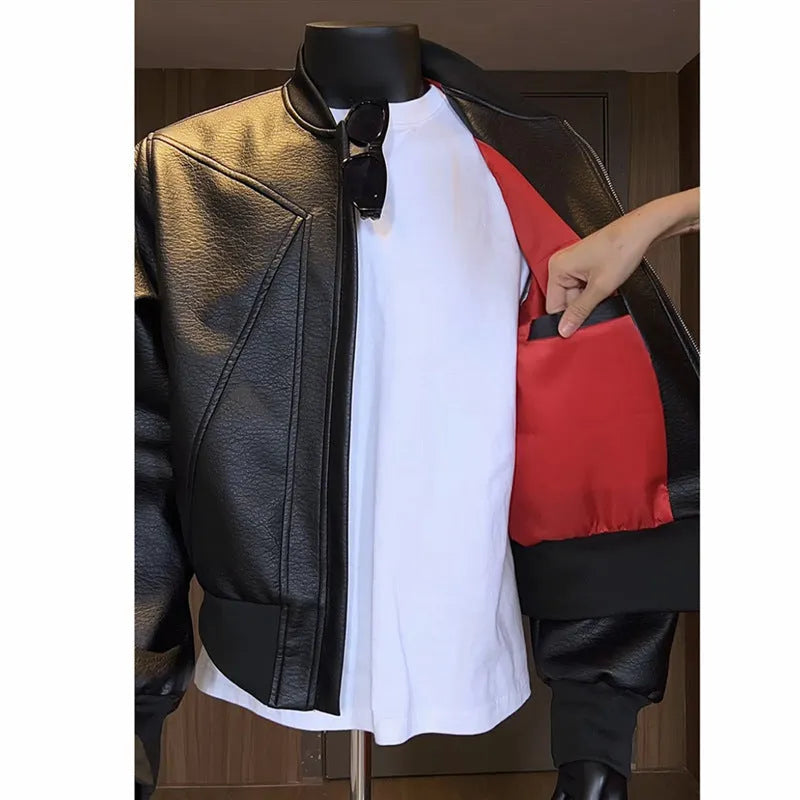 Men's black PU leather jacket with extended 100cm length and litchi grain texture