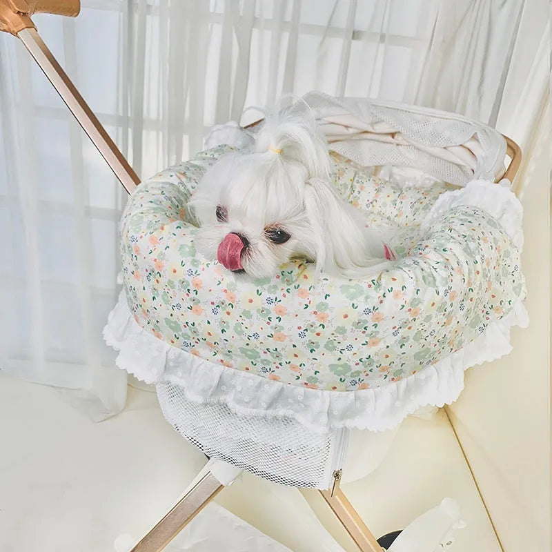 Pure cotton pet stroller three-piece set showing anti-dirty towel, cushion and pillow in striped pattern
