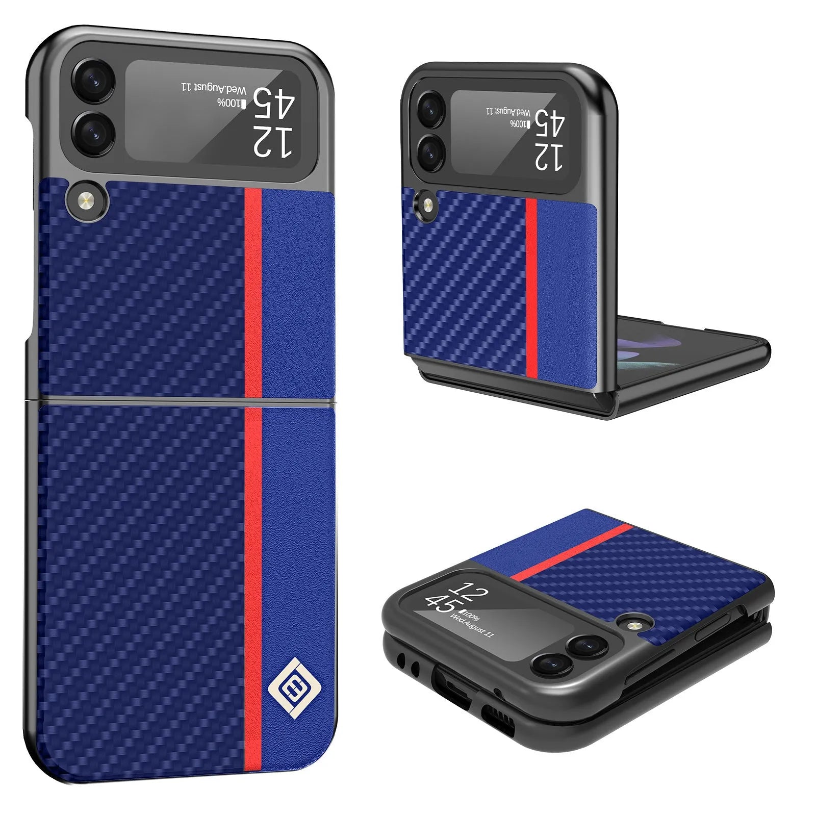 Fashion carbon fibre phone case for Samsung ZFLIP3 ZFLIP4 Zflip5 in black and blue leather finish