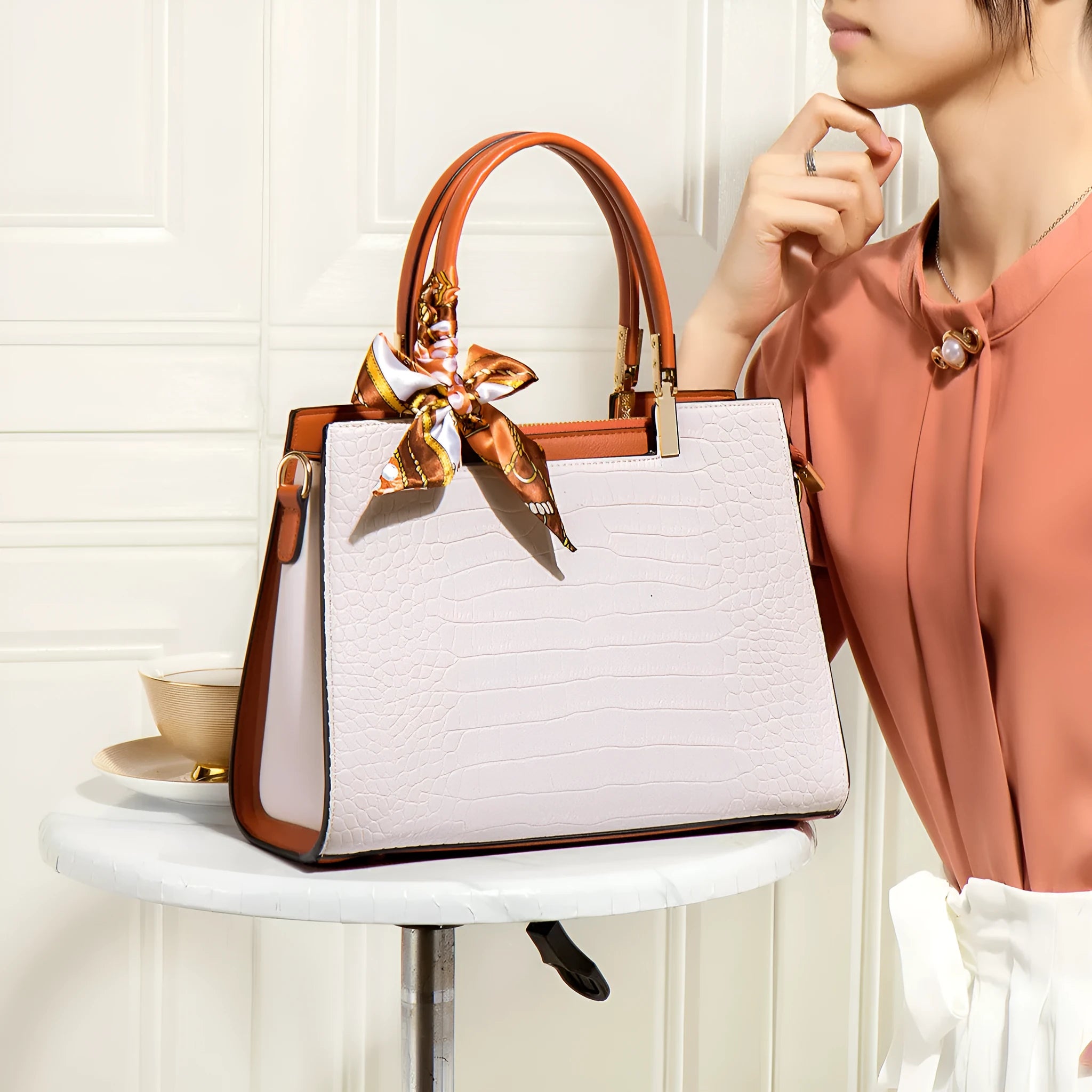 Milky white PU leather women's shoulder handbag with horizontal square shape and multiple internal compartments