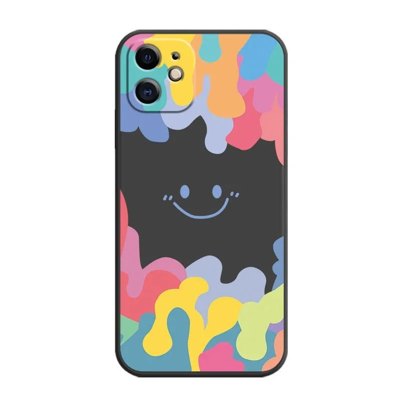 Rainbow smiley face TPU silicone phone case with lanyard for iPhone 12 13 14 series, white variant