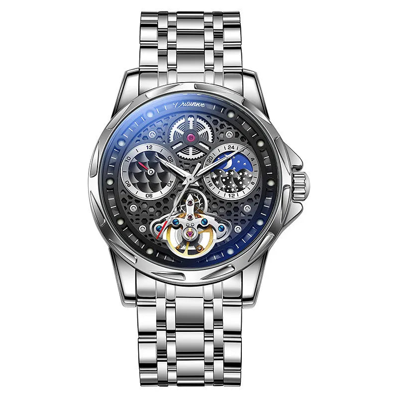 Men's automatic business watch with luminous hands, waterproof case, and choice of steel or leather bracelet