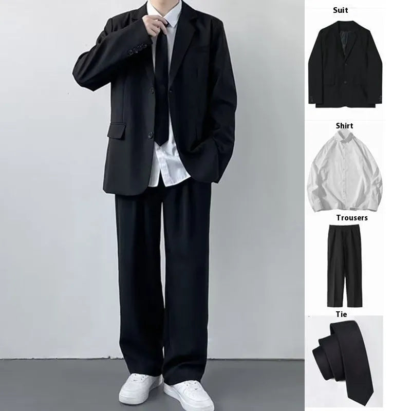 Men's plus size college style three-piece suit set with white shirt and tie