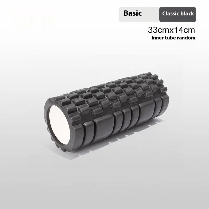 EVA foam roller in choice of colours including black, grey, pink, sky blue, and light purple on a gym floor.