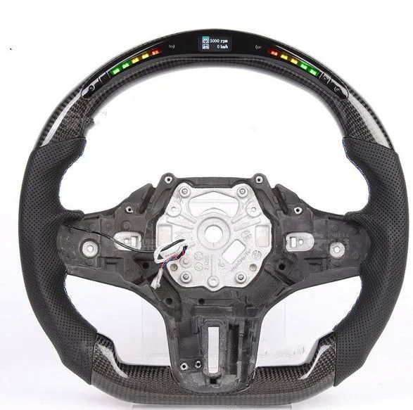 Black carbon fibre BMW steering wheel with LED lights and heating controls