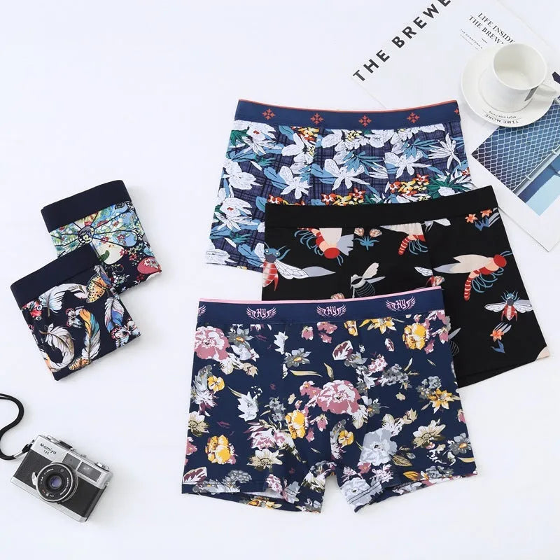 Purified cotton men's boxer shorts in a floral pattern, showing mid-waist fit and U-shaped design.