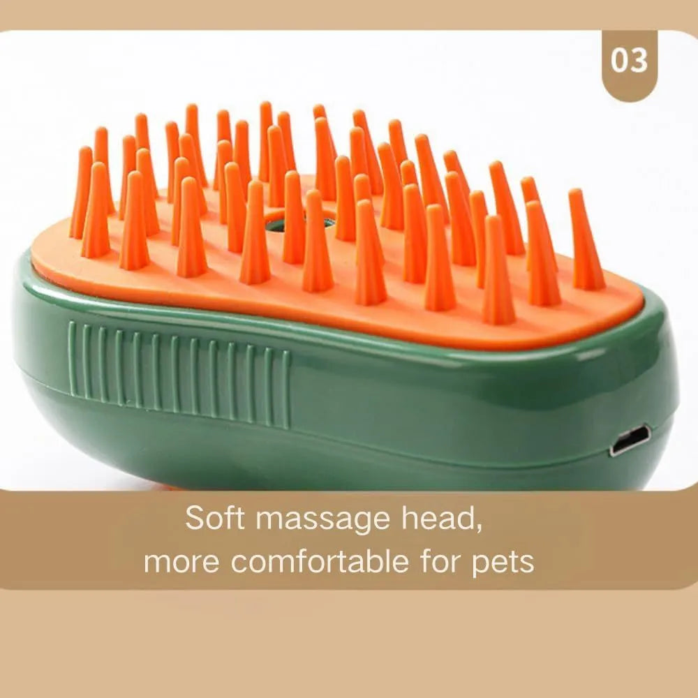Green and white cat steam brush with silicone teeth and water spray function for pet grooming