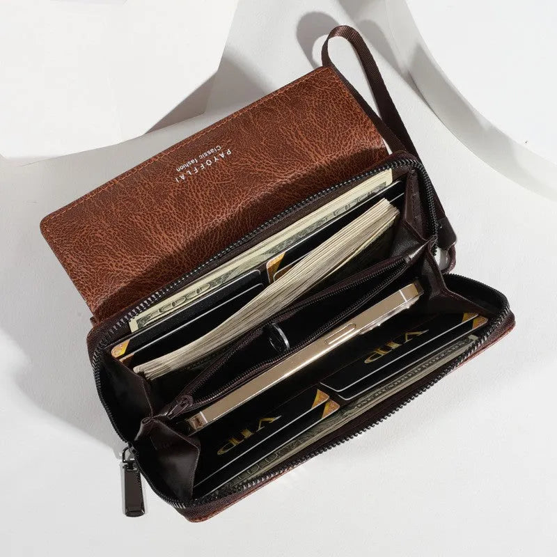 Men's PU leather wallet with multiple card slots in black, brown, and coffee colours