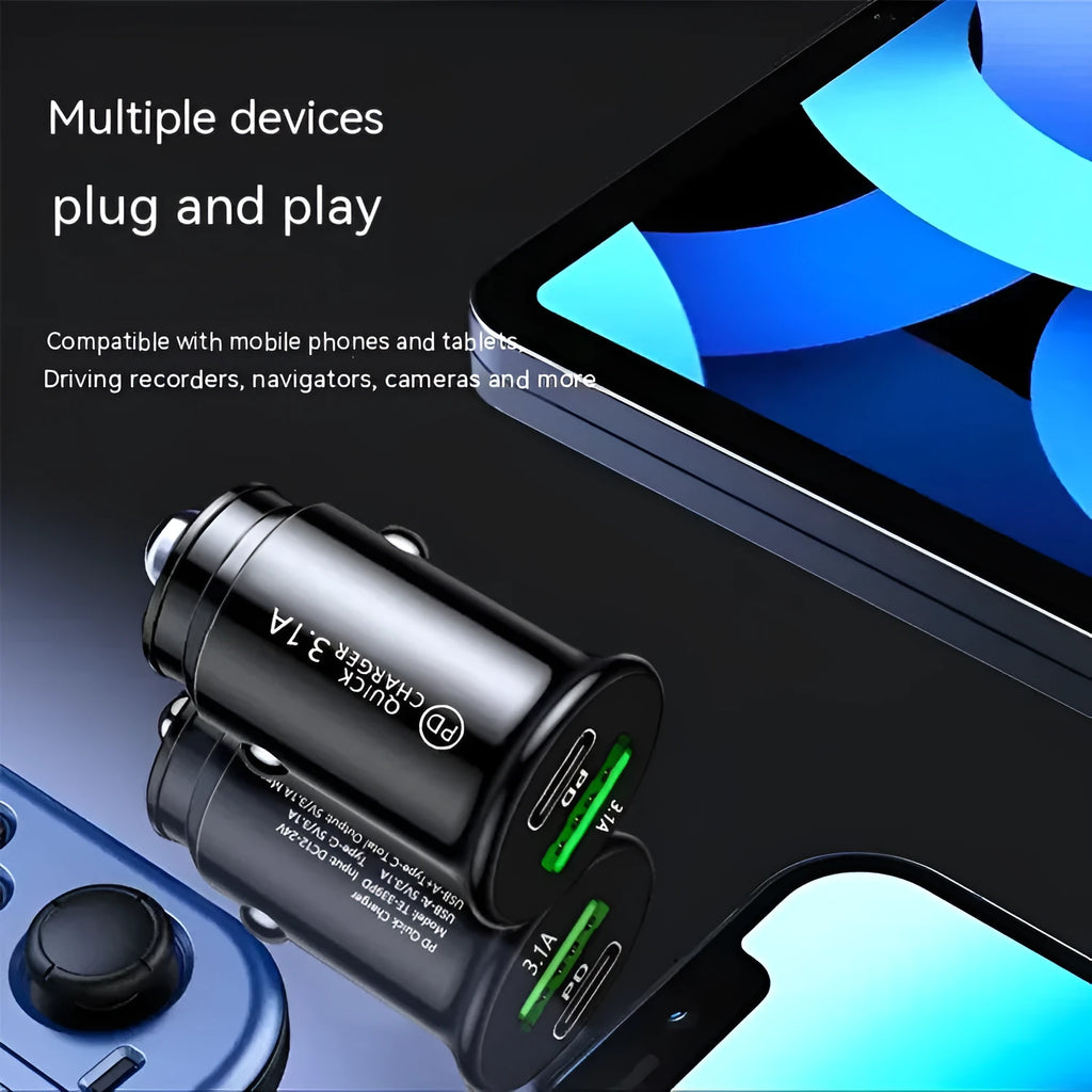 Dual port USB car charger converter in black with bare metal ports for 12V 24V vehicles