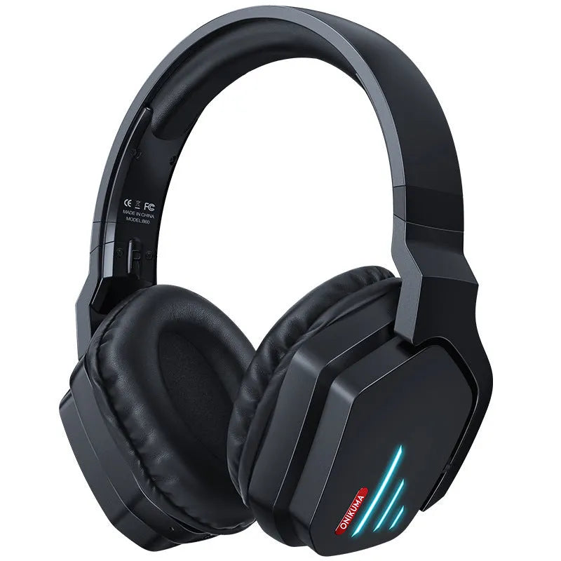 Luminous black wireless gaming headphones with head-mounted design showing ear cushions and adjustable headband