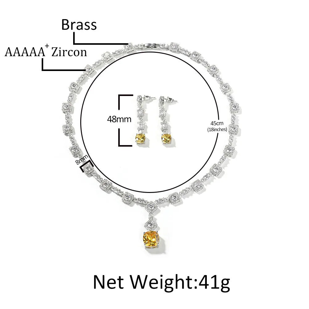 Copper inlaid zircon citrine necklace earring set with 18-inch claw chain on white background