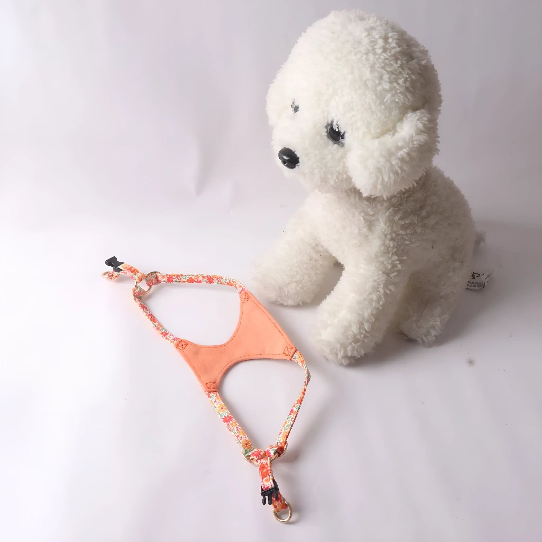 Cloth pet harness suit with leash in orange for small dogs and cats on white background