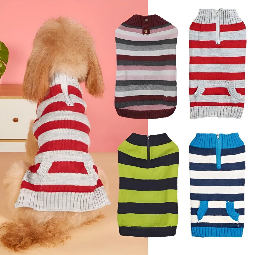 Grey dog sweater with horizontal zipper and contrast colour pocket on small breed dog