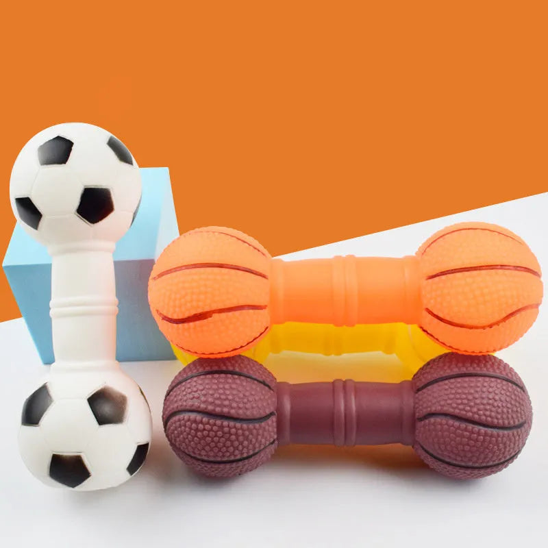 Brown, orange, white, and yellow PVC football dumbbell shaped dog toy with squeaker.