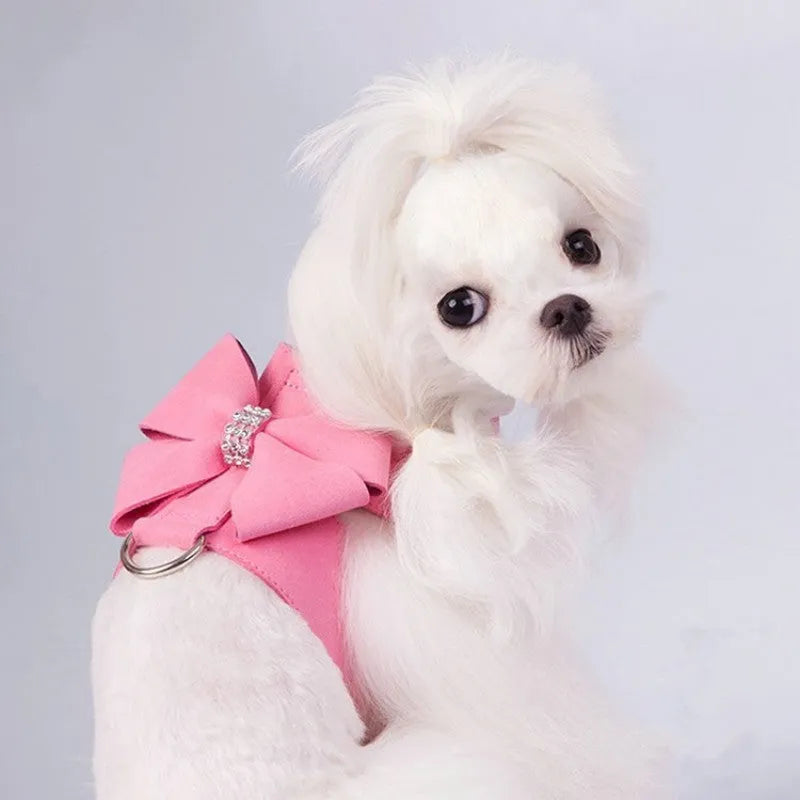 Adjustable puppy chest strap with bowknot decoration in microfiber fabric