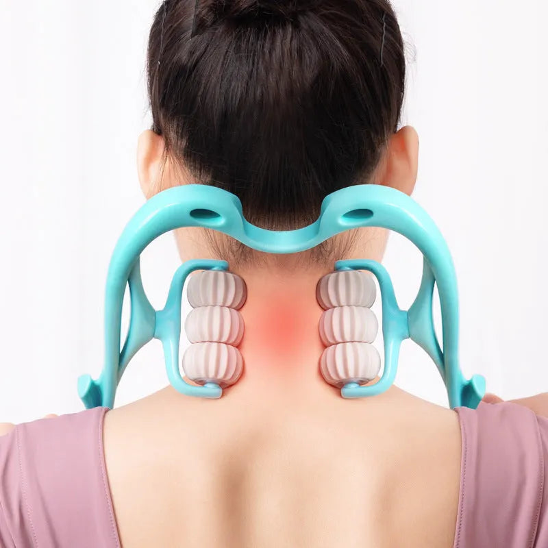 Blue plastic six-wheel handheld massager for neck, shoulder and waist