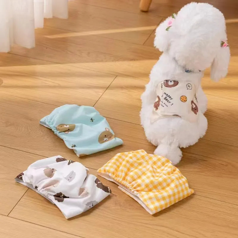 Blue Bear pattern reusable polyester dog diaper with fastener tape and elastic waistband for leakproof protection