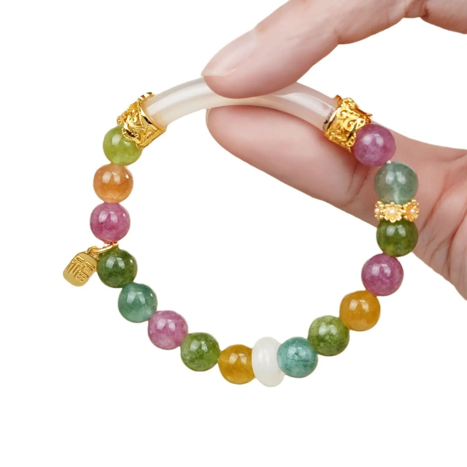 Natural jade rainbow tourmaline half bracelet for women electroplated finish