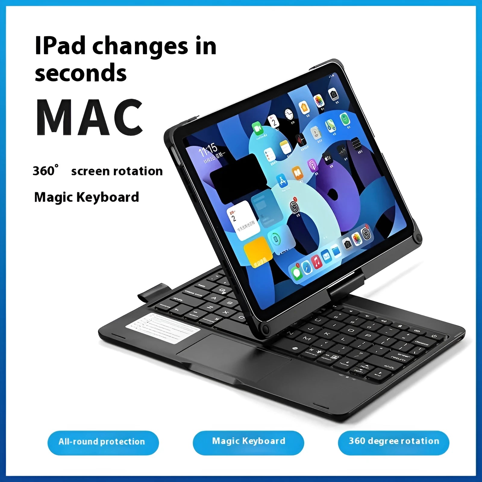 Miaocontrol rotating Bluetooth keyboard in silver holding an iPad at an angle