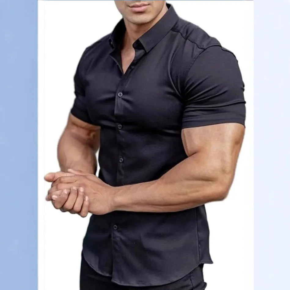 Men's short sleeve collared casual shirt in polyester, available in brown, blue, khaki and other colours.