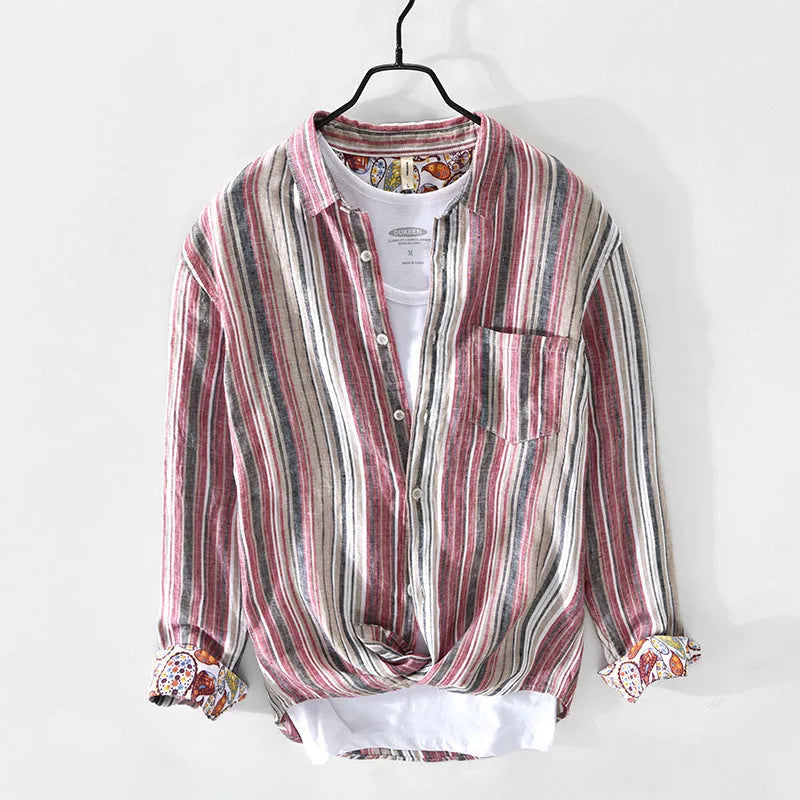 Men's striped linen casual shirt with long sleeves in loose fit for spring summer wear