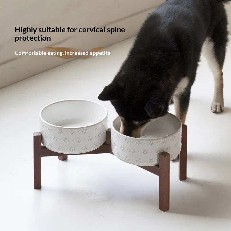 Ceramic elevated anti-spill dog dish with snowflake inner arc design 21cm diameter