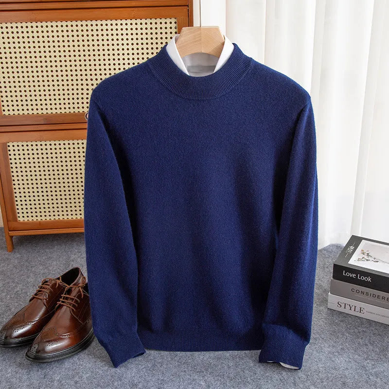 Man wearing a loose-fit half-collar wool sweater in a winter business casual style.