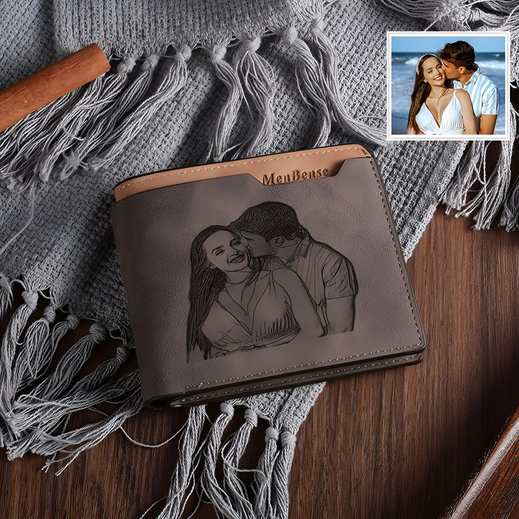 Coffee coloured PU leather engraved wallet showing personalisation panel, closed dimensions 120mm by 99mm.