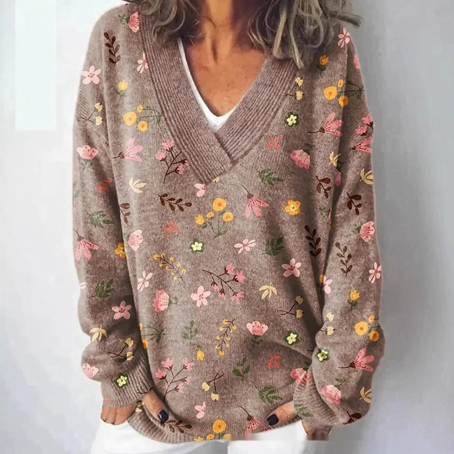 Women's floral print V-neck long sleeve sweatshirt with 3D pattern effect