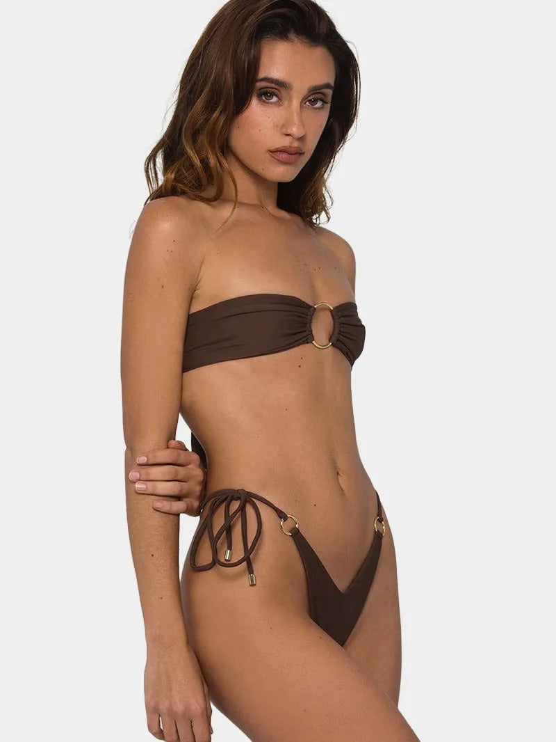 Brown women's tube top push up bikini swimsuit with ring tether detailing