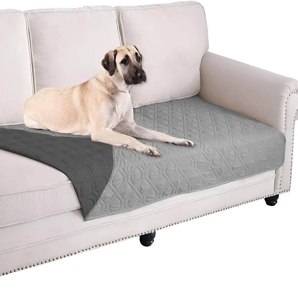 Reversible dog blanket couch cover in black with double-layer design, laid flat on sofa