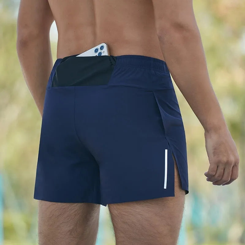 Men's high-waist loose fit off-road running shorts in quick-dry fabric, shown in red, black, navy and grey.