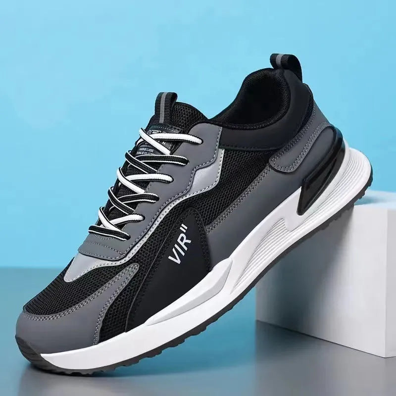 Men's colour block mesh lace-up running shoes in black, grey, or white with low-top round toe.