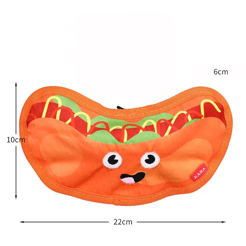 Hamburger-shaped crinkle dog toy with dual squeaker and crinkle sound, no stuffing