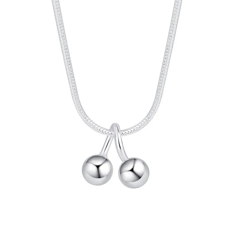 Silver cherry necklace with adjustable snake bone chain, 925 silver pendant, Korean style design