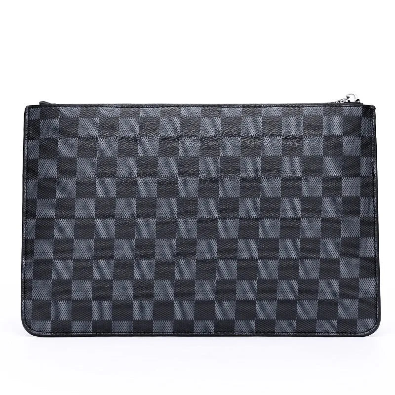 Men's soft PU leather clutch wallet showing card slots and checkered pattern